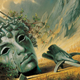 A crop of the illustrated The Path of Daggers Wheel of Time cover by Darrell K Sweet features a giant statue head with a crown of swords lying on the ground as a large army on horseback rides by.